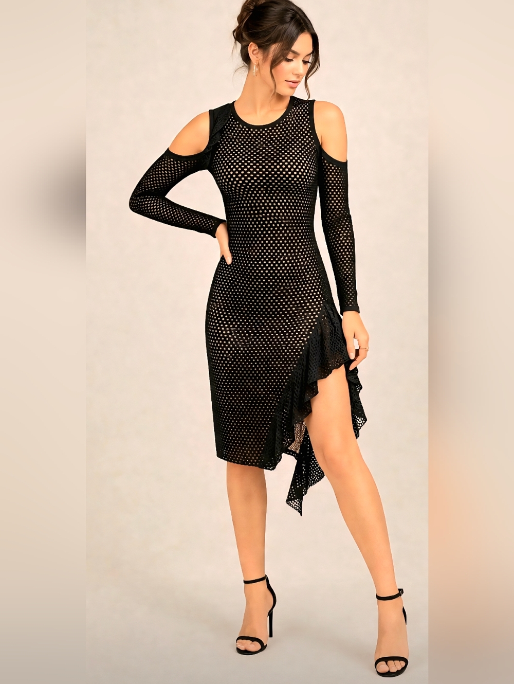 BCBG Cold-Shoulder Black Mesh Asymmetric Midi Dress